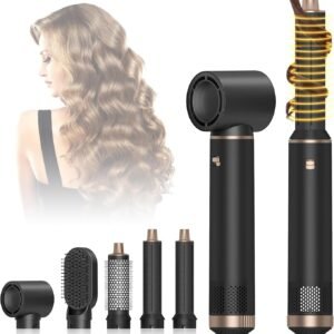 5 in 1 Hair Styler & Hot Air Brush - Air Curling Wrap with Low-Speed Negative Ion Technology, Hair Dryer Brush for Drying, Curling, Straightening & Styling, Hair Styling Tools at Home (Black)