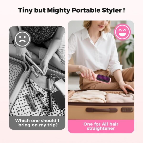 Cordless Hair Straightener Brush - Portable Hair Straightening Brush for Travel - 300M Negative Ions for Frizz-Free Shine, Touch Up On-The-Go, Fast Heating, Gift for Women, 10,000mAh, Powder Pink