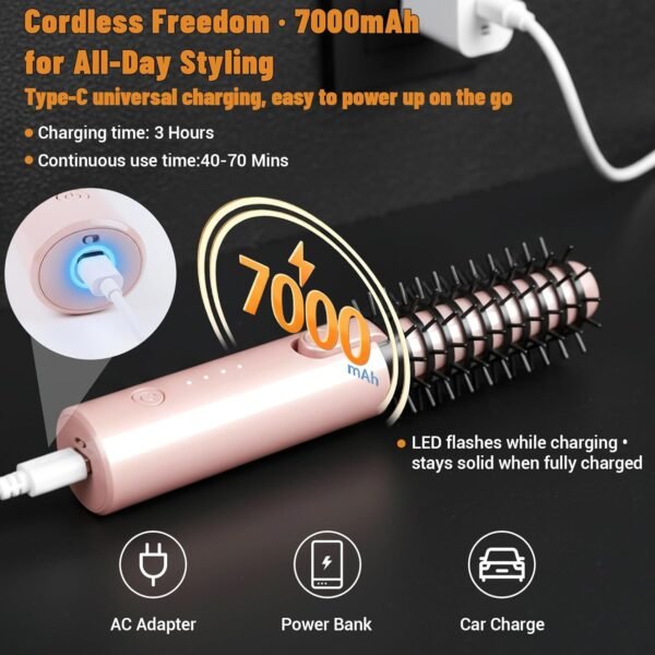 Cordless Curling Iron Brush, 3-in-1 Travel Hair Curler Straightener Brush, 7000mAh Rechargeable Mini Curling Iron Tool, 4 Temperatures/Fast Heating/Anti-Scald/Anti-Frizz Hot Rollers