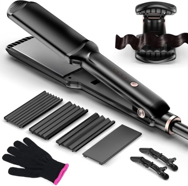 Hair Crimper Waver, Professional Hair Straightener Beach Waves Curling with 4 Interchangeable Ceramic Plates | Auto Temp Control for All Hair Types | Quick Heat Wide Plate Styling Tool & Straightener