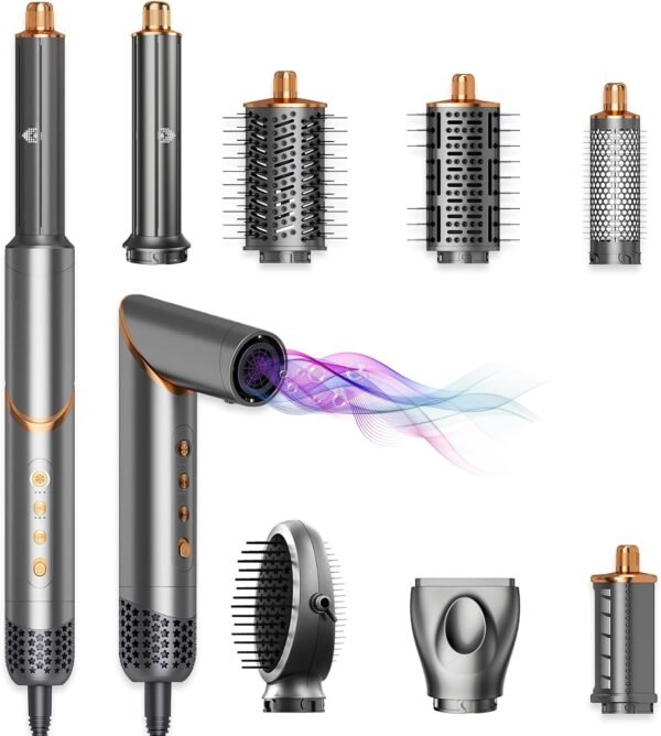 8 in 1 Hot Air Brush Hair Styler, High-Speed Hair Dryer Brush with Auto Wrap Curlers, Foldable Ionic Blow Dryer Brush for Fast Drying, Volumizing & Curling, Multi-Styling Tool (Gifts for Women)