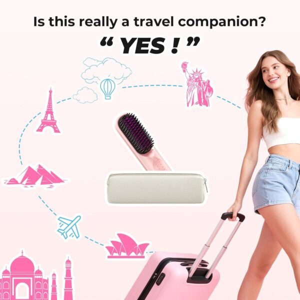 Cordless Hair Straightener Brush - Portable Hair Straightening Brush for Travel - 300M Negative Ions for Frizz-Free Shine, Touch Up On-The-Go, Fast Heating, Gift for Women, 10,000mAh, Powder Pink