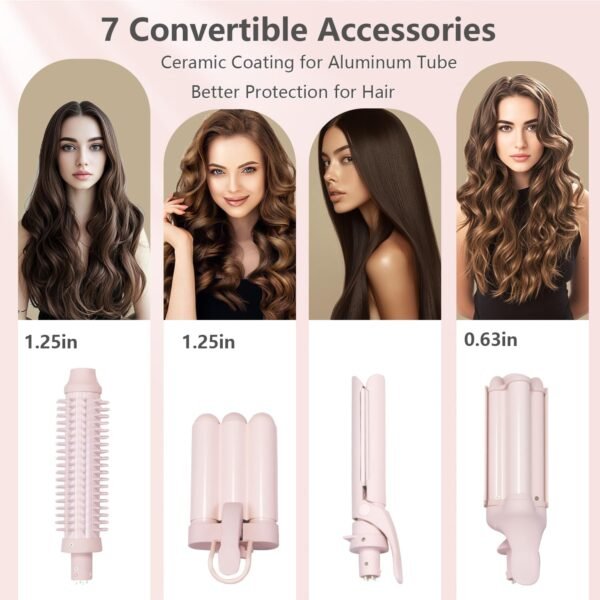 Curling Iron Set 7-in-1, Multi Curler Wand Set with 5 Interchangeable Barrels(0.6"-1.25"), Crimper Styling Tools, Heated Round Brush, Hair Straightener, Ceramic Coating with Pink Gift Package