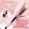 Hair Crimper, Waver Curling Iron Hair Styling Tool with Negative Ionic Technology Crimper Hair Tool for Creating Smooth Waves, French Anti-Scald Wave 32mm Curling Iron for Short Hiar, Pink