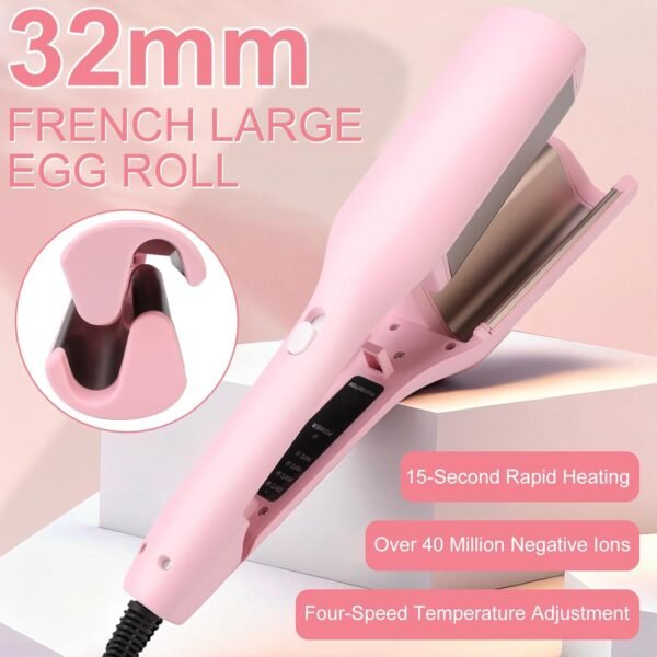 Hair Crimper, Waver Curling Iron Hair Styling Tool with Negative Ionic Technology Crimper Hair Tool for Creating Smooth Waves, French Anti-Scald Wave 32mm Curling Iron for Short Hiar, Pink
