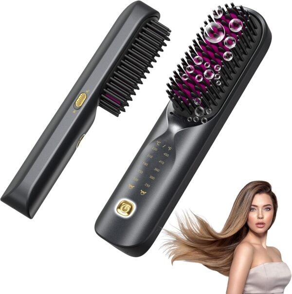 Cordless Hair Straightener Brush - Portable Hair Straightening Brush for Travel - 300M Negative Ions for Frizz-Free Shine, Touch Up On-The-Go, Fast Heating, Gift for Women, 10,000mAh, Powder Pink