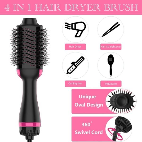 Hair Dryer Brush, 4 in 1 One Step Hair Dryer and Styler Volumizer, Professional Hot Air Brush with Negative Ion Anti-frizz Blowout for Drying, Straightening, Salon, Black Pink