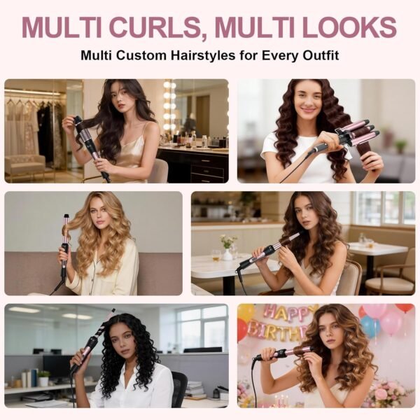 6 in 1 Wand Curling Iron Set, 3 Barrel Curling Wand Set with Thermal Brush (1.5") and 5 Interchangeable Ceramic Hair Wand Curler (0.35"-1.25"), Home Travel Multi Curl, 2 Temp 30S Instant Heat Up