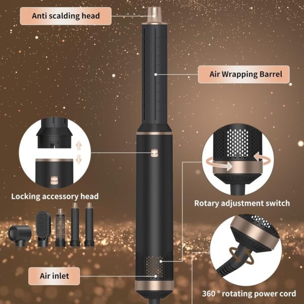 5 in 1 Hair Styler & Hot Air Brush - Air Curling Wrap with Low-Speed Negative Ion Technology, Hair Dryer Brush for Drying, Curling, Straightening & Styling, Hair Styling Tools at Home (Black)