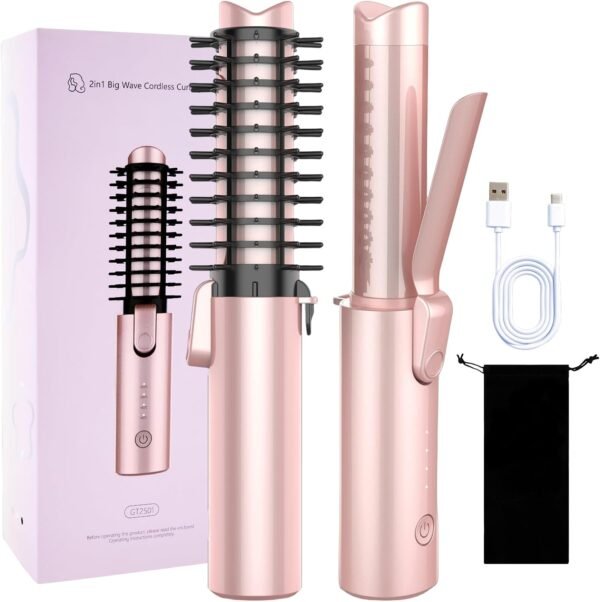 Cordless Curling Iron Brush, 3-in-1 Travel Hair Curler Straightener Brush, 7000mAh Rechargeable Mini Curling Iron Tool, 4 Temperatures/Fast Heating/Anti-Scald/Anti-Frizz Hot Rollers