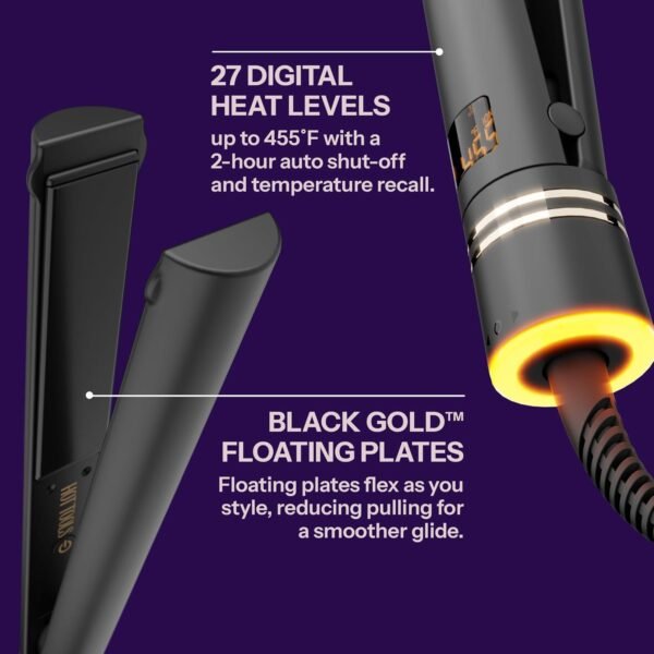 Black Gold Ionic 1 1/4 Inch Flat Iron, Use as Straightener for Sleek Straight Hair or Use Rounded Edges for Shiny Curls and Waves, Stylist-Preferred