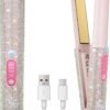 2-in-1 Cordless Hair Straightener Curler, 2S Rapid Preheating Titanium Flat Iron, 5000mAh USB-C Rechargeable Mini Travel Styling Tool, LCD 3 Temp Settings for Women (Pink, FCC-Certified)