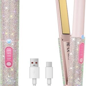 2-in-1 Cordless Hair Straightener Curler, 2S Rapid Preheating Titanium Flat Iron, 5000mAh USB-C Rechargeable Mini Travel Styling Tool, LCD 3 Temp Settings for Women (Pink, FCC-Certified)