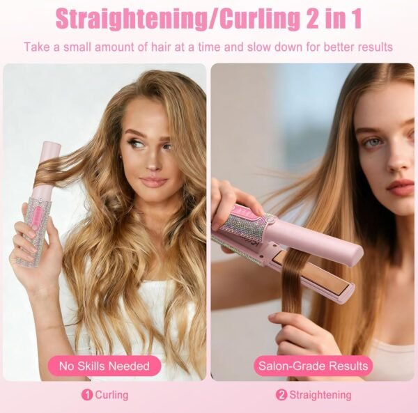 2-in-1 Cordless Hair Straightener Curler, 2S Rapid Preheating Titanium Flat Iron, 5000mAh USB-C Rechargeable Mini Travel Styling Tool, LCD 3 Temp Settings for Women (Pink, FCC-Certified)