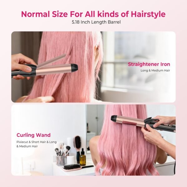 2 in 1 Curler and Straightener Travel Dual Voltage Curling Iron 1.25 Inch Normal Size Hair Curler Ceramic with EU/UK Plug Adapter for Travel Curling Wand Adjustable Temperature and Anti-Tangle