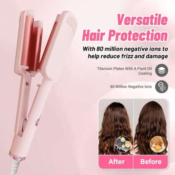 Deep Beach Waver & Curling Iron, Ionic Waver Hair Curler Tool, Ceramic 3 Barrel Curler Wand for Short Hair Women (Pink)
