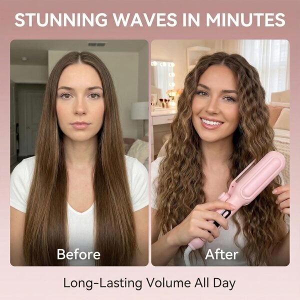 1&1.25 Inch Hair Crimper for Women - Curling Iron Waver Hair Tool to Adjustable Groove - Rizadora para Cabello - Anti-Scald Tech Hair Waver - Ionic Ceramic Coating for Long-Lasting,Fast Heating,Pink