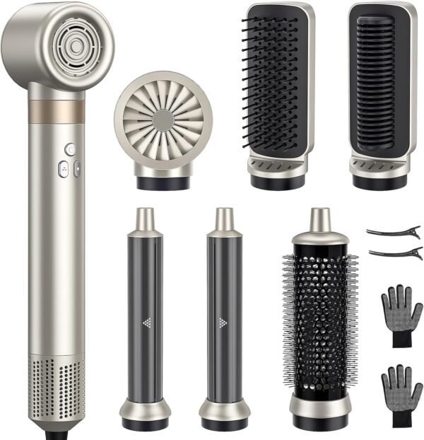 6-in-1 Hair Styler, Hair Dryer, Multi-Function Hot Air Brush Set, Ionic Blow Dryer with Interchangeable Attachments for Curling, Straightening, Volumizing, Fast Drying,Gifts for Women(Champagne Gold)