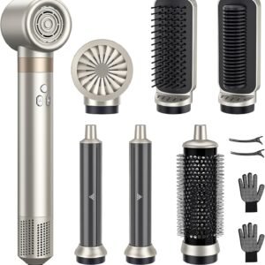 6-in-1 Hair Styler, Hair Dryer, Multi-Function Hot Air Brush Set, Ionic Blow Dryer with Interchangeable Attachments for Curling, Straightening, Volumizing, Fast Drying,Gifts for Women(Champagne Gold)