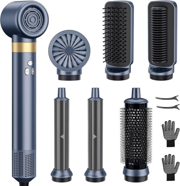 6-in-1 Hair Styler, Hair Dryer, Multi-Function Hot Air Brush Set, Ionic Blow Dryer with Interchangeable Attachments for Curling, Straightening, Volumizing, Fast Drying,Gifts for Women(Champagne Gold)