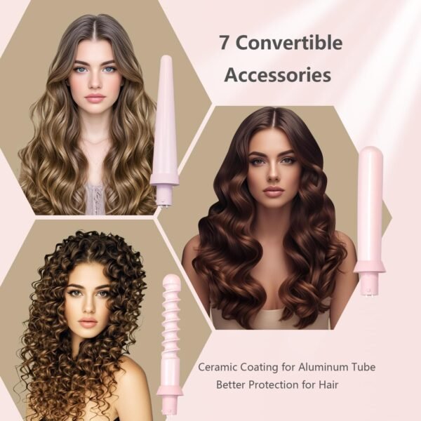 Curling Iron Set 7-in-1, Multi Curler Wand Set with 5 Interchangeable Barrels(0.6"-1.25"), Crimper Styling Tools, Heated Round Brush, Hair Straightener, Ceramic Coating with Pink Gift Package