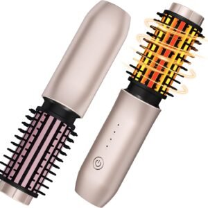 Cordless Hair Curling Iron Brush, Travel Curl Brush, 3-in-1 Portable Curling Iron Cordless, Plasma Thermal Hair Brush, 7000mAh USB Rechargeable Curlings Wand, Mini Hot Curlings Brush-Blush Pink