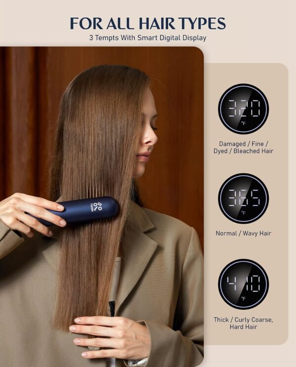 10 APEX Portable Hair Straightener Brush, Cordless Straightening Comb with 113% Larger Heating Area, LED Display & Ceramic Coating, Ionic Technology & Safe Mode - Midnight