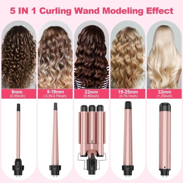 Curling Wand Set, Curling Iron Interchangeable 3 Barrel Wand Curler with Ceramic Tourmaline Professional 5 in 1 Wand Curling Iron,for Women with Curler and Waver