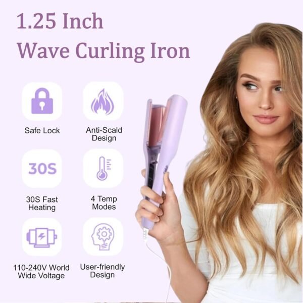 Waver Curling Iron, 4 Adjustable Temp Crimper Hair Tool with 2 Ceramic Barrels, Anti-Scald, 15S Fast Heating, 1.25 Inch Crimper Hair Iron for Wide Deep Waves