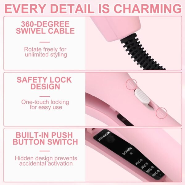 Hair Crimper, Waver Curling Iron Hair Styling Tool with Negative Ionic Technology Crimper Hair Tool for Creating Smooth Waves, French Anti-Scald Wave 32mm Curling Iron for Short Hiar, Pink