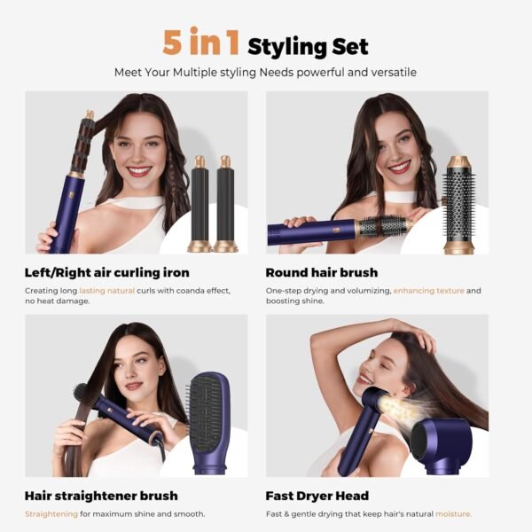 5 in 1 Hair Dryer Brush Set,Professional Negative Ionic Hot Air Styler, Air Curling Wrap Styler,Detachable Blow Dryer Brush With Auto Wrap Curlers,Hair Styling Tools For Straight/Curl/Drying/Smoothing