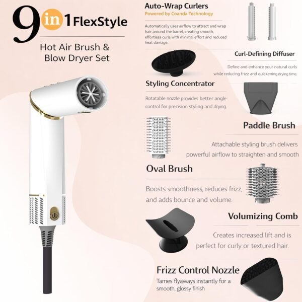 9-in-1 All-in-One Hair Styler & Blow Dryer Set, Hot Air Brush with Auto-Wrap Curlers, Oval Brushes, Diffuser & Frizz Control Nozzle, Multi Styler for Smooth, Voluminous Hair