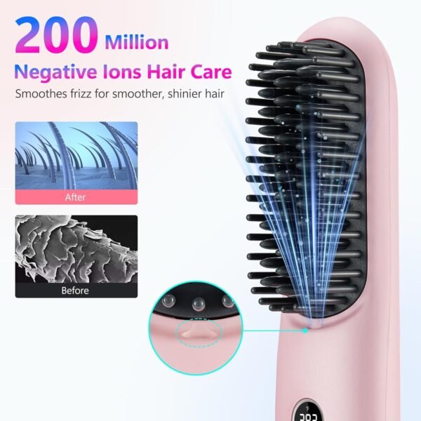 LCD Screen Cordless Hair Straightener Curler 2 in 1, Portable Mini Hair Straightening Brush for Travel Negative Ionic Fast Heating Hot Comb for Women, Folding Brush with Mirror, Pink