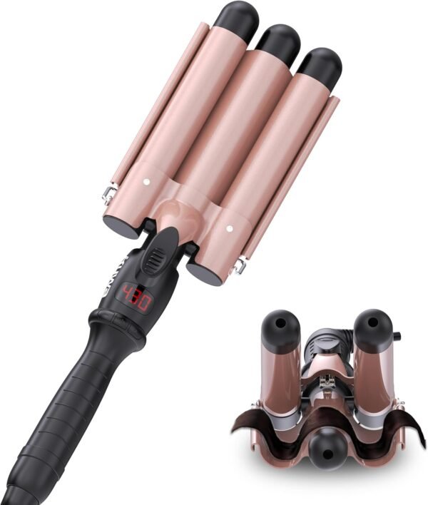 Crimper Hair Tool, 15 Variable Temperature with LCD Display Hair Crimper, Waver Hair Tool,3 Barrel Curling Iron, hairCrimper for Women,Long-Lasting Natural Tight Waves