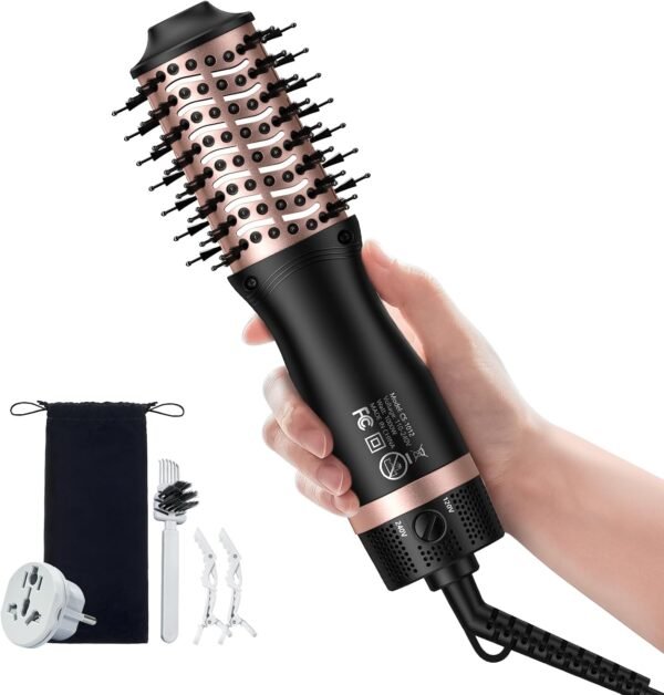 Mini Travel Dual Voltage Hair Dryer Brush,1000 Watts Hot Air Brush with European Plug, Ionic Hair Dryer and Styler for Women, Oval Barrel 2 Heat & 2 Speed Settings for International Travel