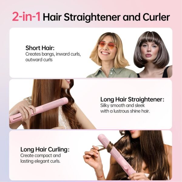 Hair Straightener Curler 2-in-1: 1.25" Flat Iron for Women - Curling Wand 360° Airflow Cooling Vents Titanium Ionic for Less Frizz - 5 Temps & Auto Off Dual Voltage (Pink)