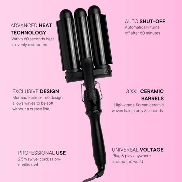 Hair Waver 1.25" - 3 Barrel Curling Iron 1 1/4 Inch, Ceramic Barrel Waver for Thick, Thin, Long, or Short Hair - 1.25", Black with Glove