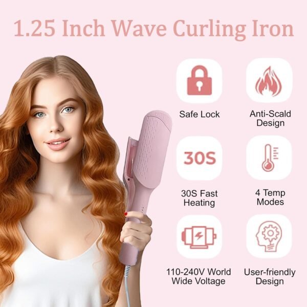Wave Curling Iron, 32mm (1.25") Ionic Wavy Hair Curler with Ceramic 2 Barrel, Fast Heating, Anti-Scald, Dual Voltage, 4 Temp Adjustable Crimper Hair Tool for Short and Long Hair