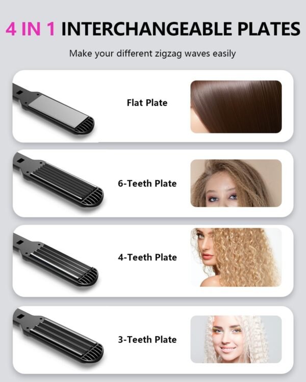 Hair Crimper Waver, Professional Hair Straightener Beach Waves Curling with 4 Interchangeable Ceramic Plates | Auto Temp Control for All Hair Types | Quick Heat Wide Plate Styling Tool & Straightener