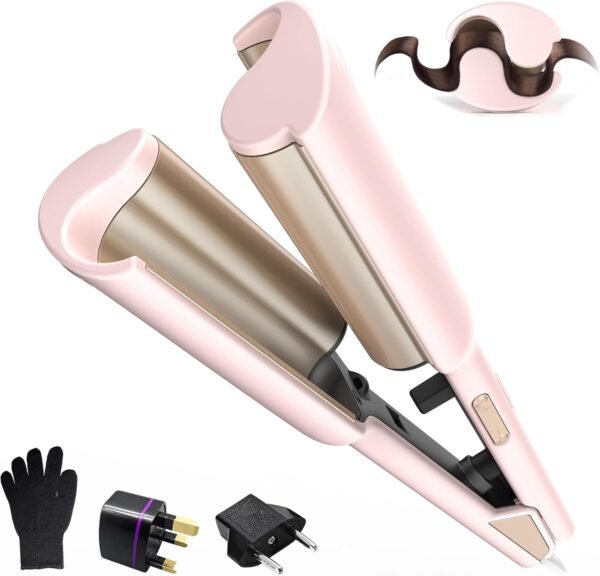 MINI Curling Iron Hair Crimper Waver, Beach Waves Curling Wand, Waver Hair Tool, Double Voltage, Easy to Use, Pink, 1.25 Inch