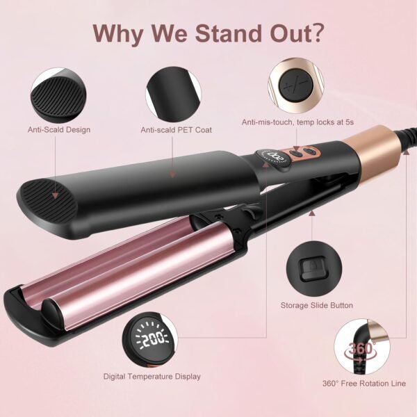 Waver Curling Iron Hair Crimper 3/4 Inch, Ionic Deep Waver Hair Curler Tool, 5 Temp Dual Barrel Mini Portable Curling Wand, Dual Voltage, Anti-Scalding Fast Heating for Short and Long Hair
