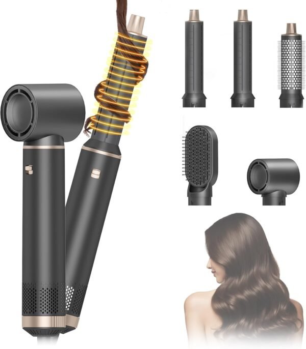 5 in 1 Hair Styler & Hot Air Brush - Air Curling Wrap with Low-Speed Negative Ion Technology, Hair Dryer Brush for Drying, Curling, Straightening & Styling, Hair Styling Tools at Home (Black)