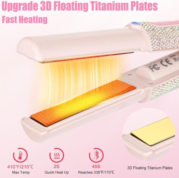 2-in-1 Cordless Hair Straightener Curler, 2S Rapid Preheating Titanium Flat Iron, 5000mAh USB-C Rechargeable Mini Travel Styling Tool, LCD 3 Temp Settings for Women (Pink, FCC-Certified)