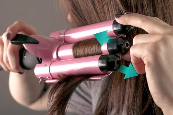 Three Barrel Curling Iron Wand with LCD Temperature Display - 1 Inch Ceramic Tourmaline Triple Barrels, Dual Voltage Crimping Tool, Best Hair Waver for Beachy/Frizz Free Waves (Pink/Black)