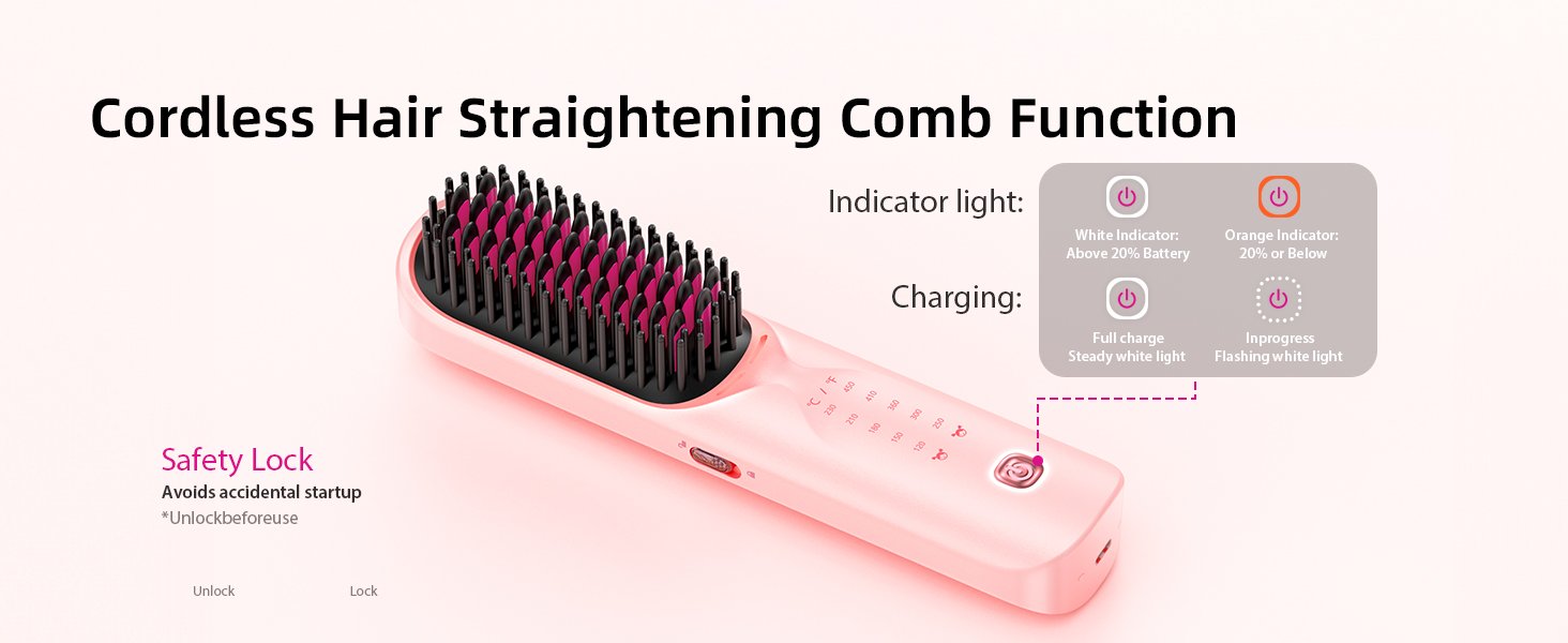 cordless hair straightening brush portable hair straightener women wireless travel gift Pink ionic