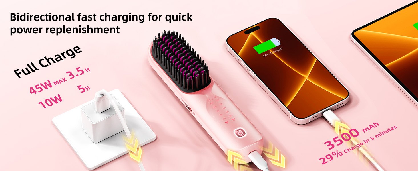 cordless hair straightening brush portable hair straightener women wireless travel gift Pink ionic
