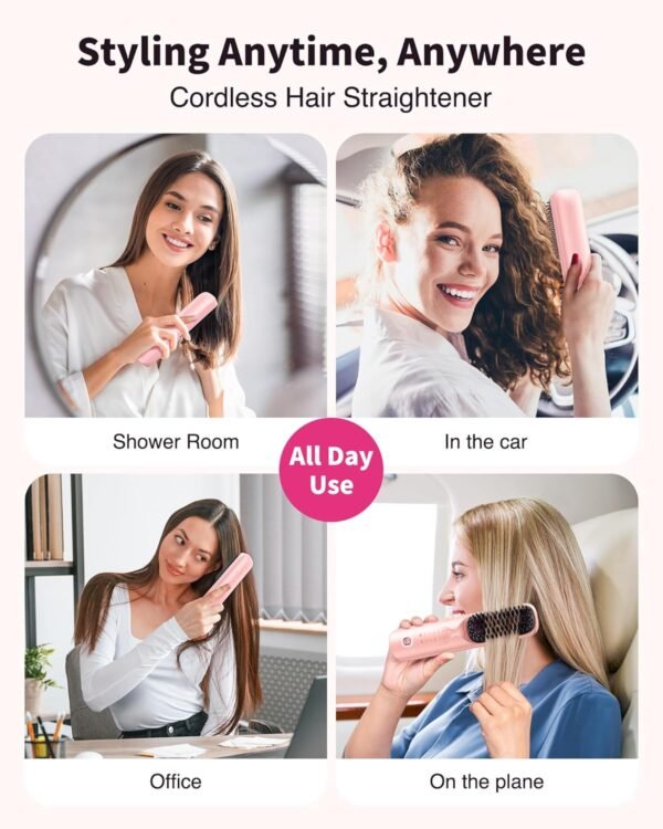 Cordless Hair Straightener Brush - Portable Hair Straightening Brush for Travel - 300M Negative Ions for Frizz-Free Shine, Touch Up On-The-Go, Fast Heating, Gift for Women, 10,000mAh, Powder Pink