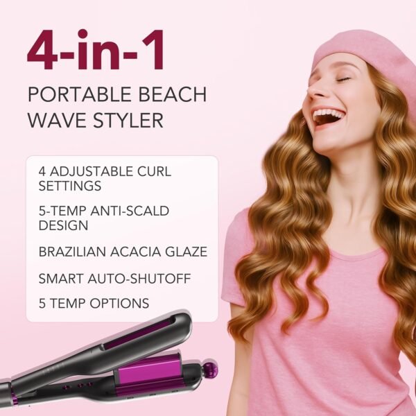 Hair Crimper for Women, Beach Wave Hair Tool, Curling Wand with 4 Adjusted Curl Sizes (0.87"/1"/1.25"/ 1.38"), 5 Temp Adjustable PTC Anti-Scald with Ionic Ceramic Coating, Gift for Womens Birthday