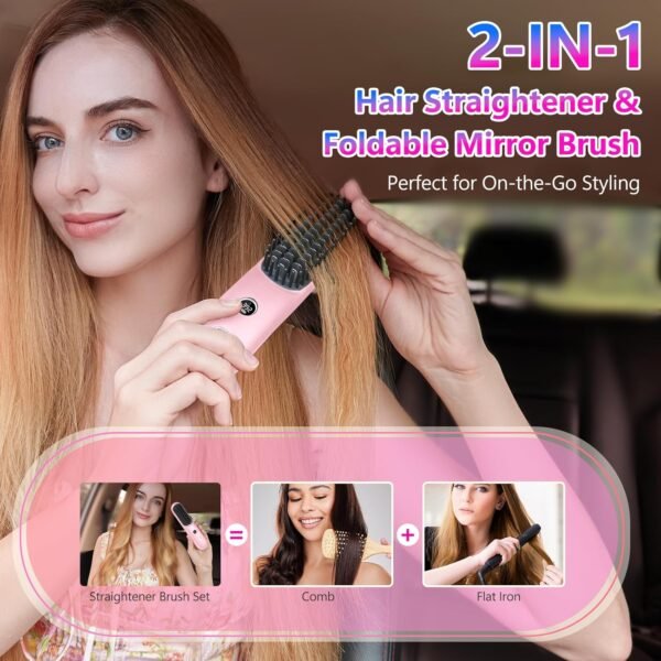 LCD Screen Cordless Hair Straightener Curler 2 in 1, Portable Mini Hair Straightening Brush for Travel Negative Ionic Fast Heating Hot Comb for Women, Folding Brush with Mirror, Pink