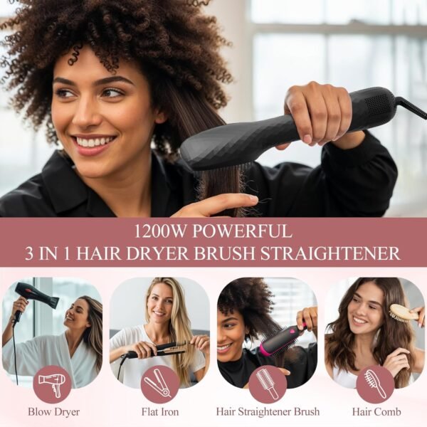 3-in-1 Hair Dryer Brush, Professional 1200W Ionic Blow Dryer Brush with Ceramic & Tourmaline Technology, 3 Heat/2 Speed Settings One Step Hair Dryer & Styler for All Hair Types